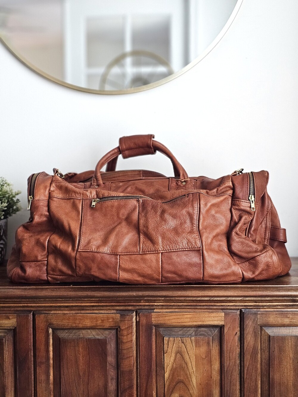 Vintage Genuine Leather Patchwork Weekender Duffel Travel Bag Cognac Brown Large